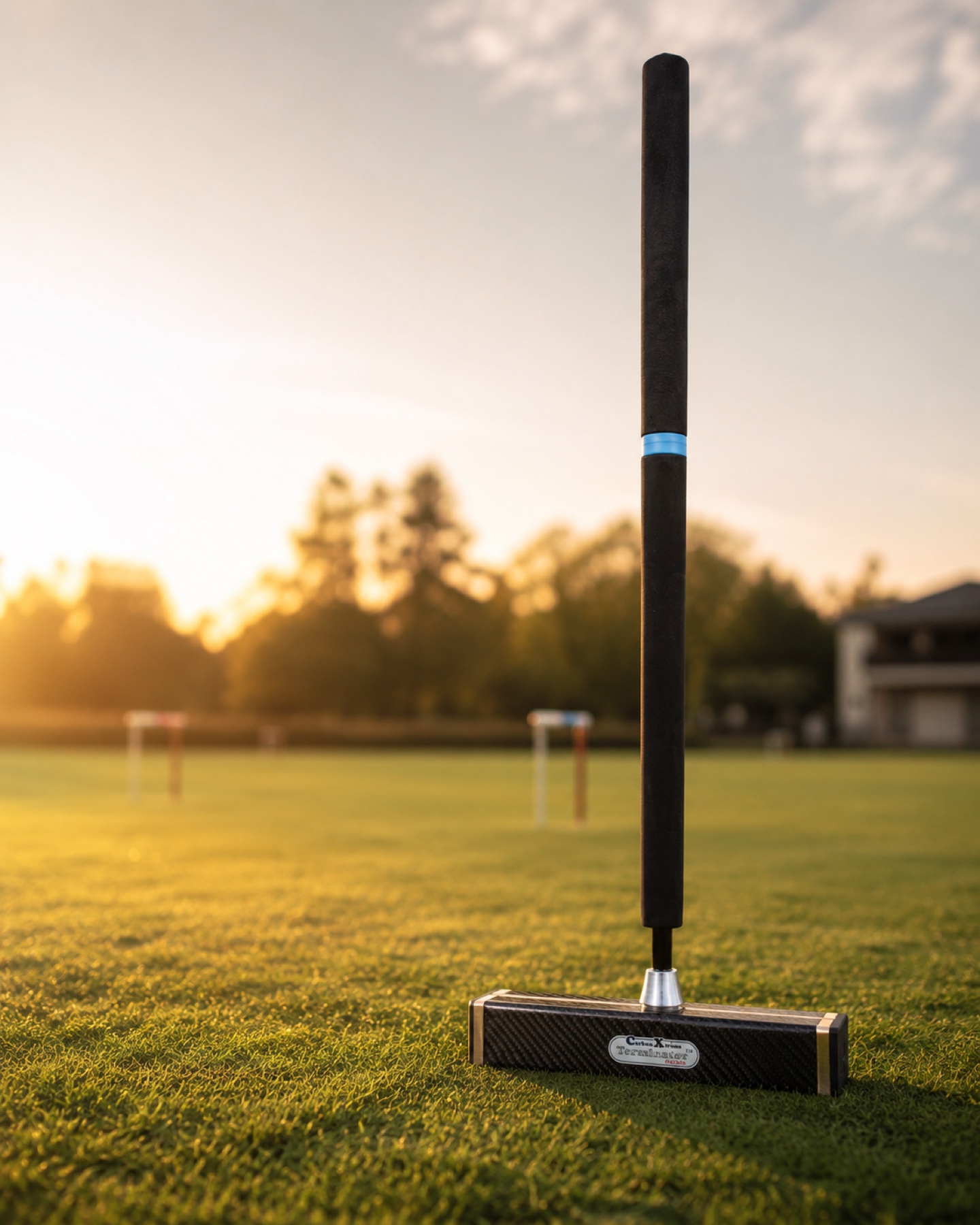 Terminator CarbonX mallet standing on a croquet lawn at sunset