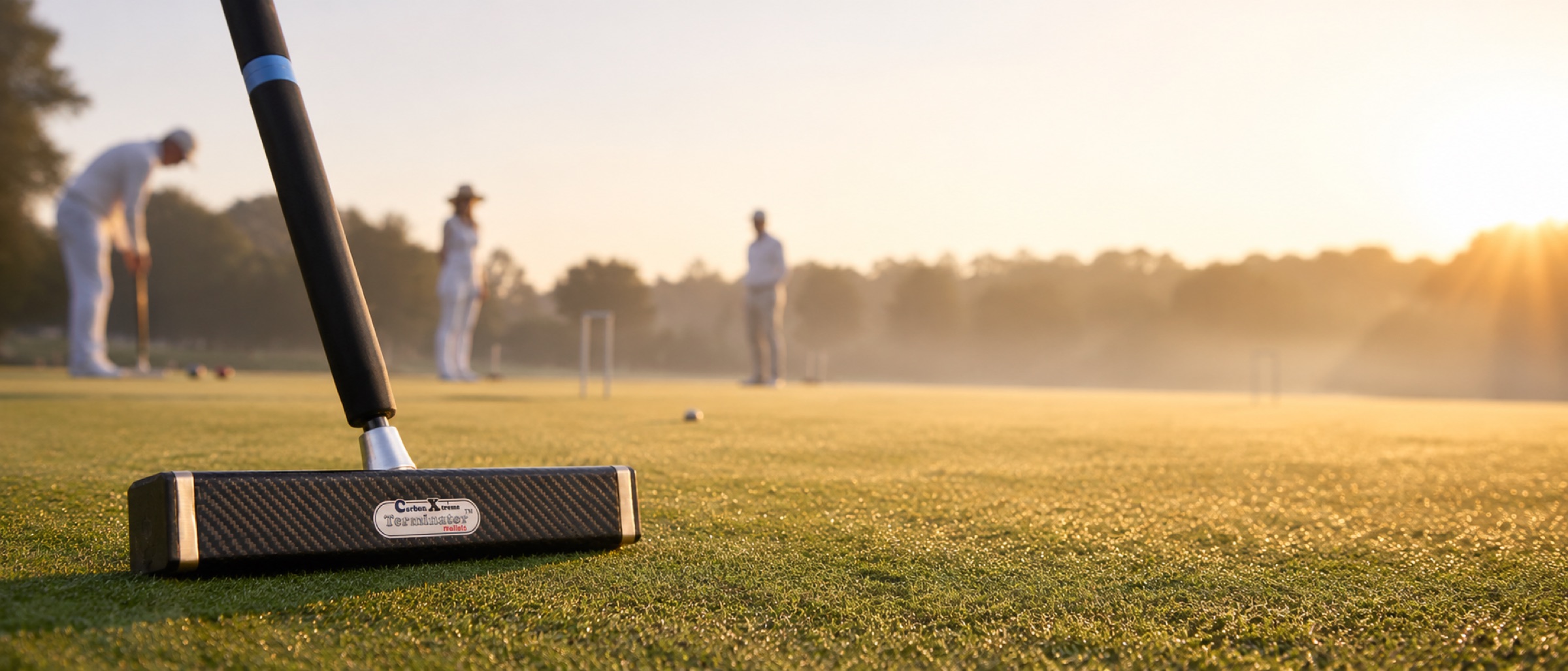 Terminator CarbonX mallet on a croquet lawn at sunrise